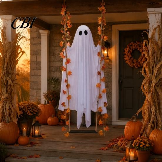 Weather Resistant Ghost Decor Hanging Swinging Halloween Decoration for Outdoor Garden Yard, Weighted Fabric Flying On A Lighted Porch Swing with LED