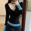 Women's Modal V-Neck Color Block Long Sleeve Top - Slimming Fake Two-Piece Design for Spring/Summer