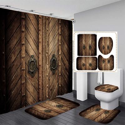 4 Stück alte hölzerne Garage Duschvorhang-Sets für Badezimmer rutschfeste Badezimmerteppiche Deckel Toilettendeckel Badematte Badezimmer-Set