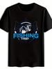 Fishing Trip Graphic T-shirt - Black Short Sleeve Crewneck with Large Fish & Sailboat Design