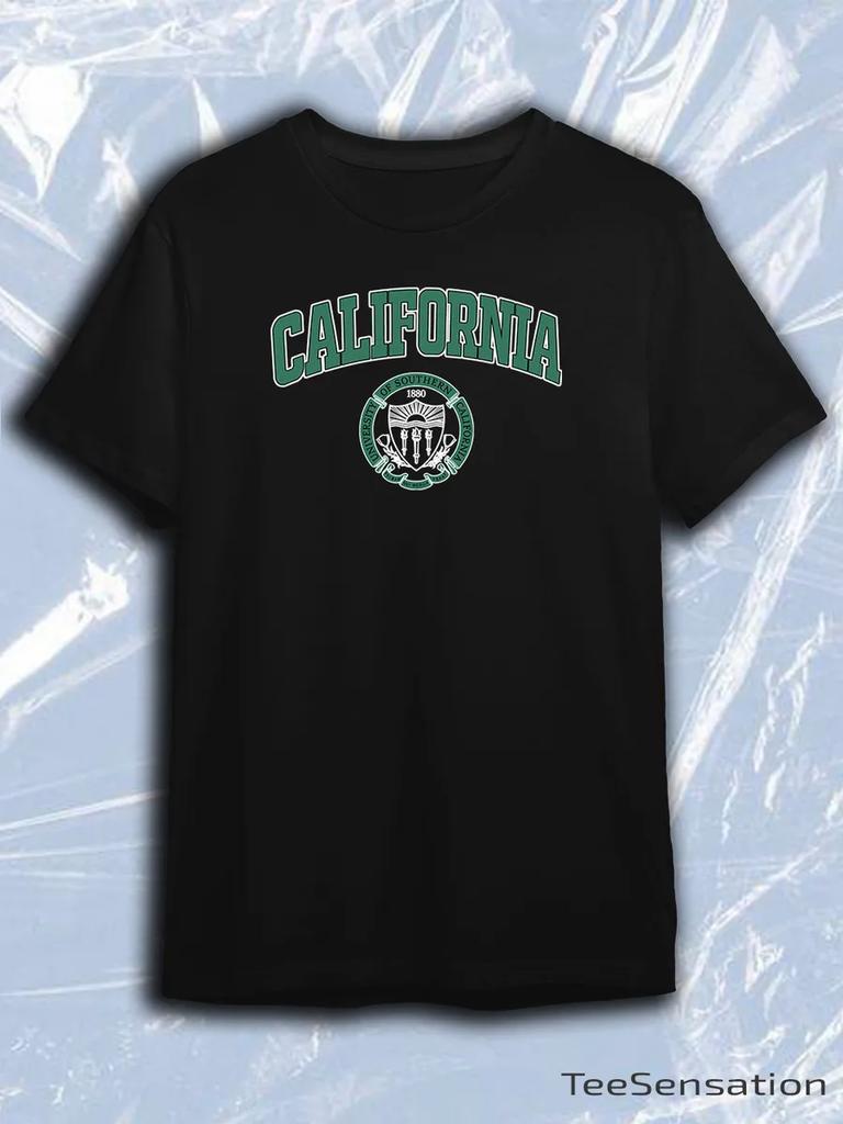 TeeSensation Black Crew Neck Short Sleeve T-Shirt with Green California USC Crest Varsity Text