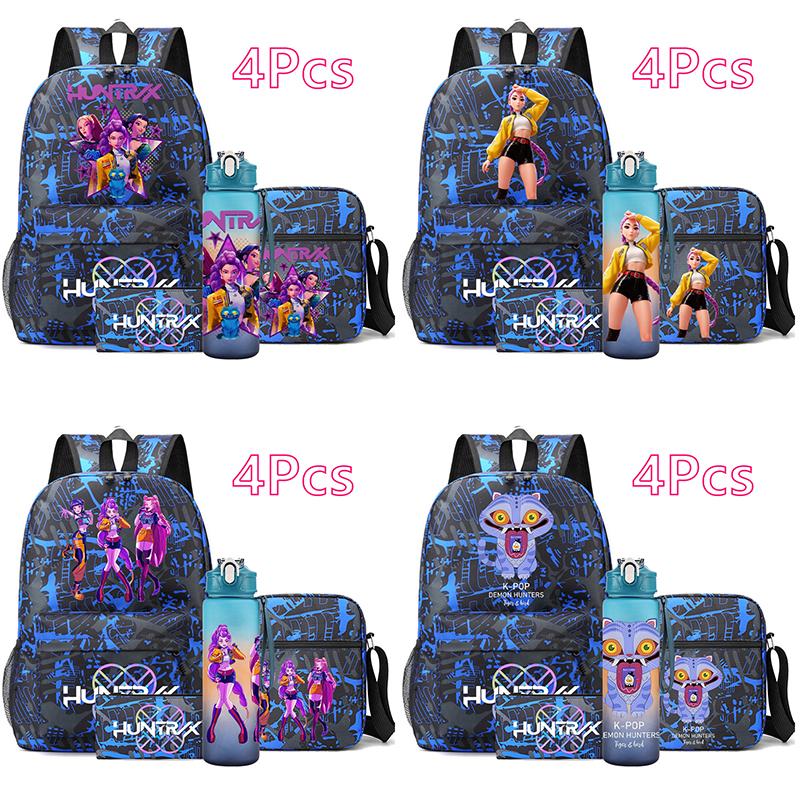 4Pcs/set New Anime Printed Backpack Large Capacity Bookbag Shoulder Bag Case Bag with 750ml Water Bottler Boy Girl Waterproof SchoolBag Mochila