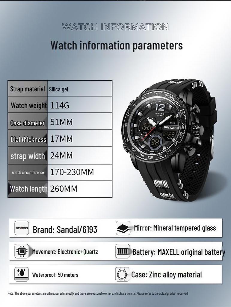Sanda Men's Multifunctional Waterproof Sport Watch with Dual Time Display