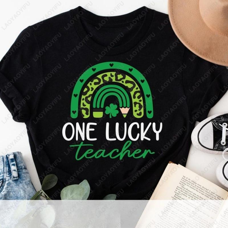 St Patricks Day One Lucky Teacher Cotton Tees Rainbow Lucky Shamrock Graphic T Shirts Teacher Unisex Shirt Funny Holiday Gifts
