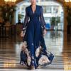 2026 Long Mesh Splicing French Slim Dress Versatile Printed Long Dress Blue Comfortable and Casual