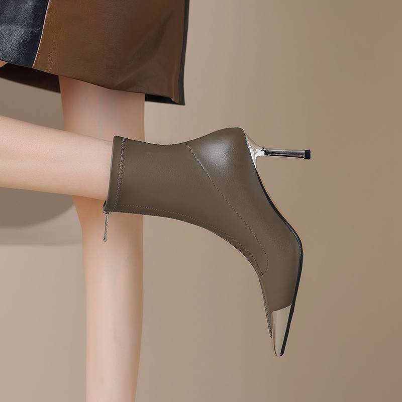 Krazing Pot Microfiber Basic Design Winter Pointed Toe Metal Thin High Heels Modern Boots Women Ankle Boots