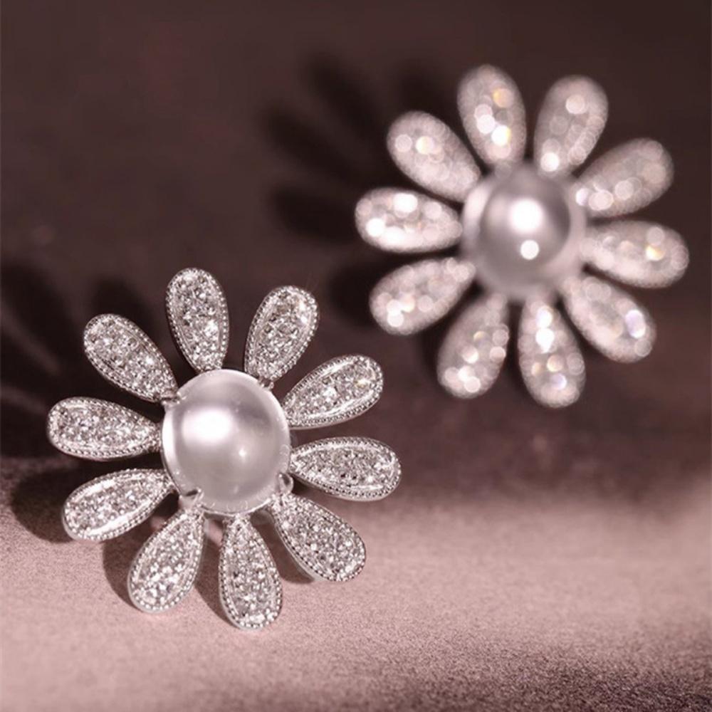 Elegant Plant Female White Zircon Charm Silver Color Sunflower Stud Earrings For Women Vintage Wedding Jewelry