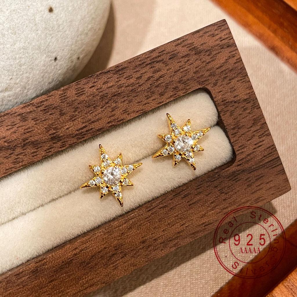 925 Sterling Silver 18K Gold Plated Starburst CZ Stud Earrings for Women, Dainty Star Cubic Zirconia Hypoallergenic Earrings