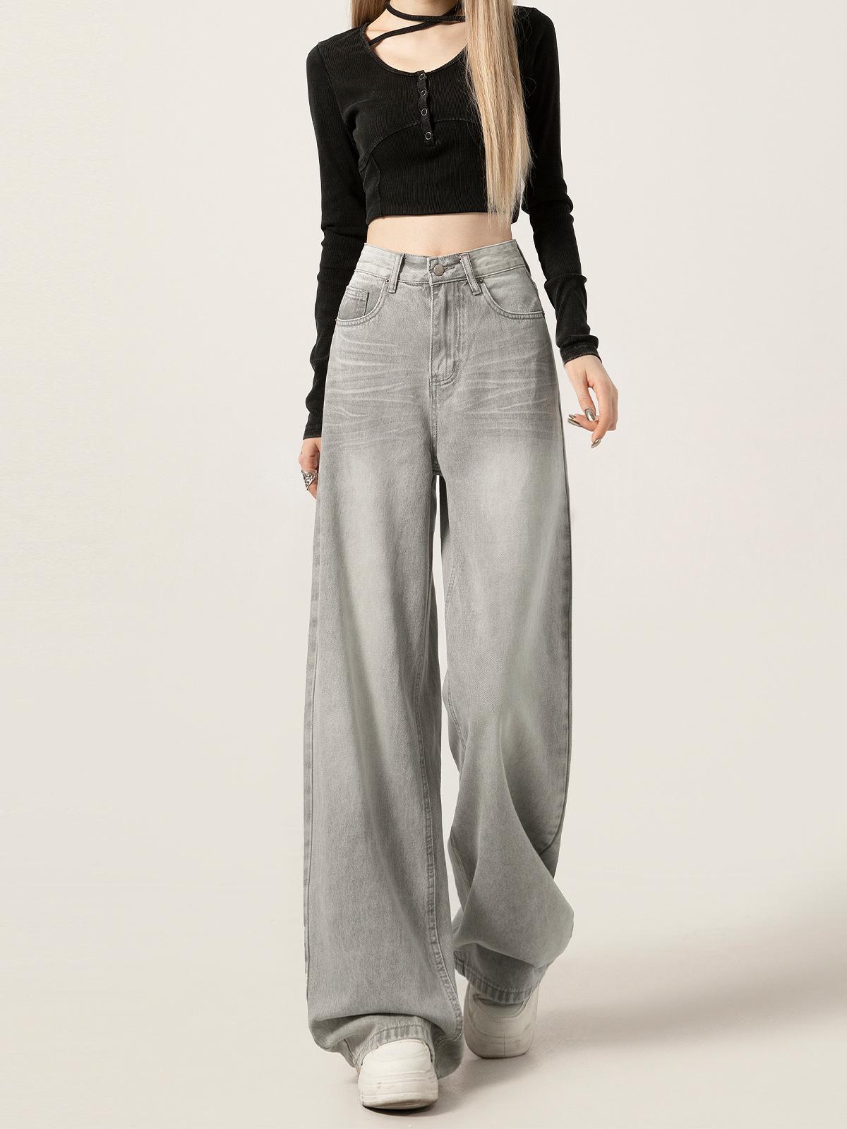 

Mocha Grey High-Waisted Wide-Leg Jeans for Women - Spring/Summer 2025 American Retro Style XL (118-128 lbs)