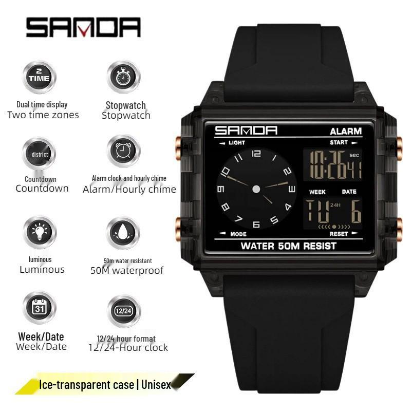 Sanda Transparent Electronic Square Watch with Large Dial for Students - Multifunctional Countdown Sports Wristwatch