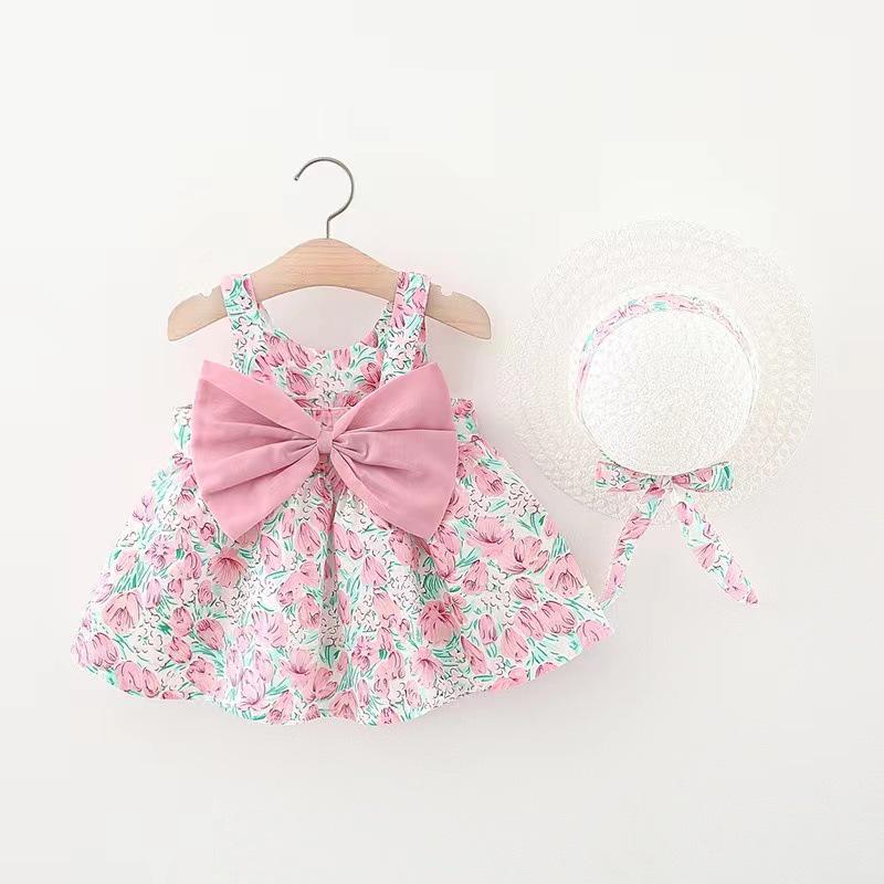 A749 Summer Baby Girl Princess Dress with Big Bow & Flower Skirt, Includes Hat, for Ages 1-4
