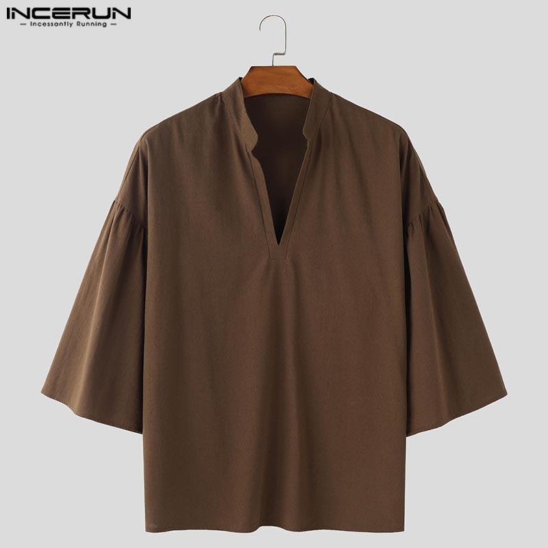 INCERUN Vintage Oversized Men Stand V Neck 3/4 Sleeve Casual Loose T-shirts