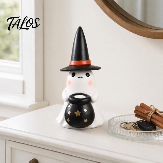 Ambient Autumn Night Lamp Ghost Light, Resin Figurine with Witch Hat Glowing Pumpkin Bucket, Warm Home Table Centerpiece LED Amber Lamp, Farmhouse