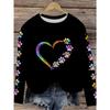 Directional Colorful Heart Paw 3D Digital Print Long Sleeve T-Shirt, Spring and Autumn Casual Round Neck Top for Women