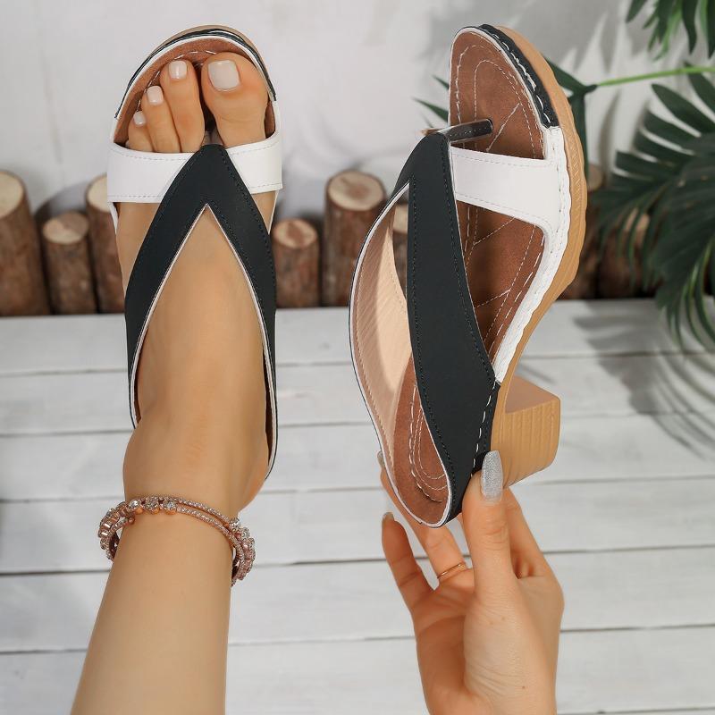 Fashion 2025 Summer Women's Flip Flops with Chunky Heel Rome Sandals Round Toe Wide Fit Outdoor Beach Walking Shoes for Casual Fashion