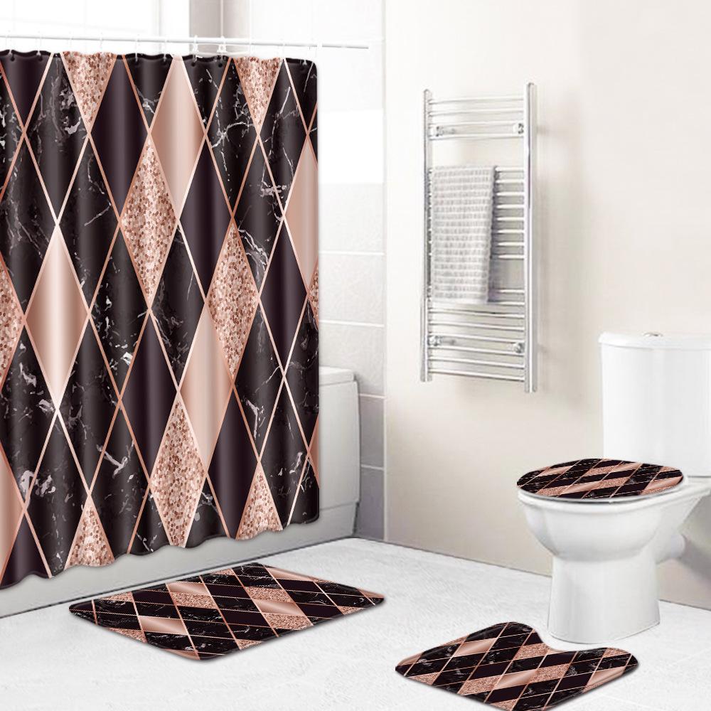 Retro Geometric Bathroom Four-Piece Waterproof Shower Curtain Bedroom Non-Slip Carpet Floor Mat Door Mat