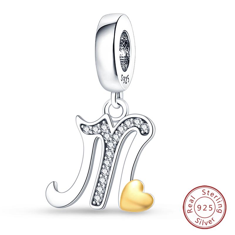 925 Silver Charm Beads Classic Gold Heart-Shaped 26 Letters Pendant For Bracelet DIY Charm Birthday Jewelry