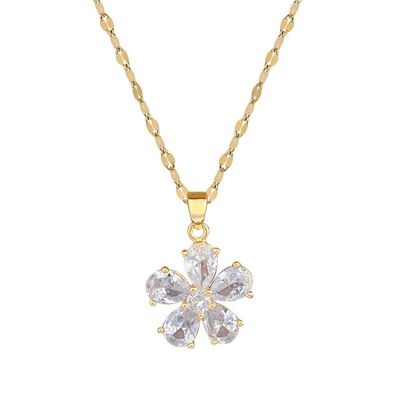 Five-Petaled Flower Light Luxury Temperament Gorgeous Full Diamond Necklace Female Versatile Collarbone Chain Titanium Steel Chain