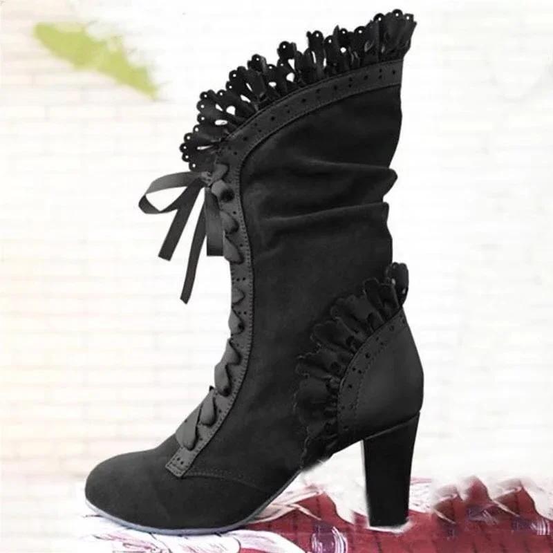 Women Lace Women's High Heel Middle Tube Boots Retro Leather Winter Shoes Booties Cowboy
