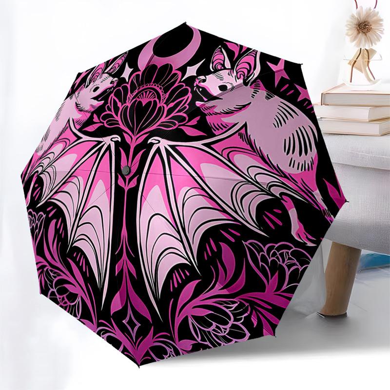 

1pc Pink Bat & Flower Auto Open Close Umbrella - Portable 3-Fold Design with Iron Frame - Outdoor for Fans, Travelers, Everyday Use - Perfect Gift for