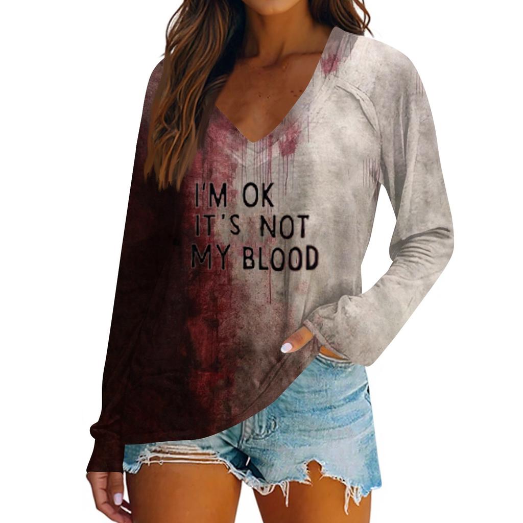 Women's Casual Fashion Snowflake Printed Vintage Casual Print Long Sleeve V-Neck Pullover Top Blouse