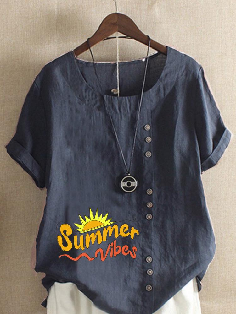 Women's Fashion Letter Print Round Neck Short Sleeve T-shirt Casual Cotton Linen Graphic Shirt Leisure Loose Summer Blouse Tops