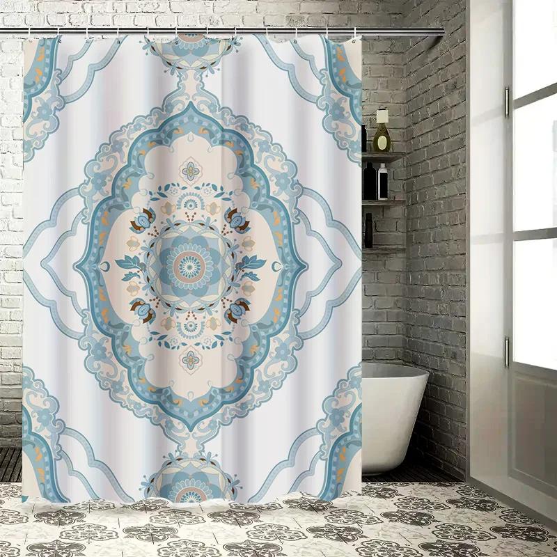 Delicate Floral Shower Curtain Blue Bohemian Decor for Bathroom 180 X 243 Cm Water-Resistant Shower Panels with Hooks Included