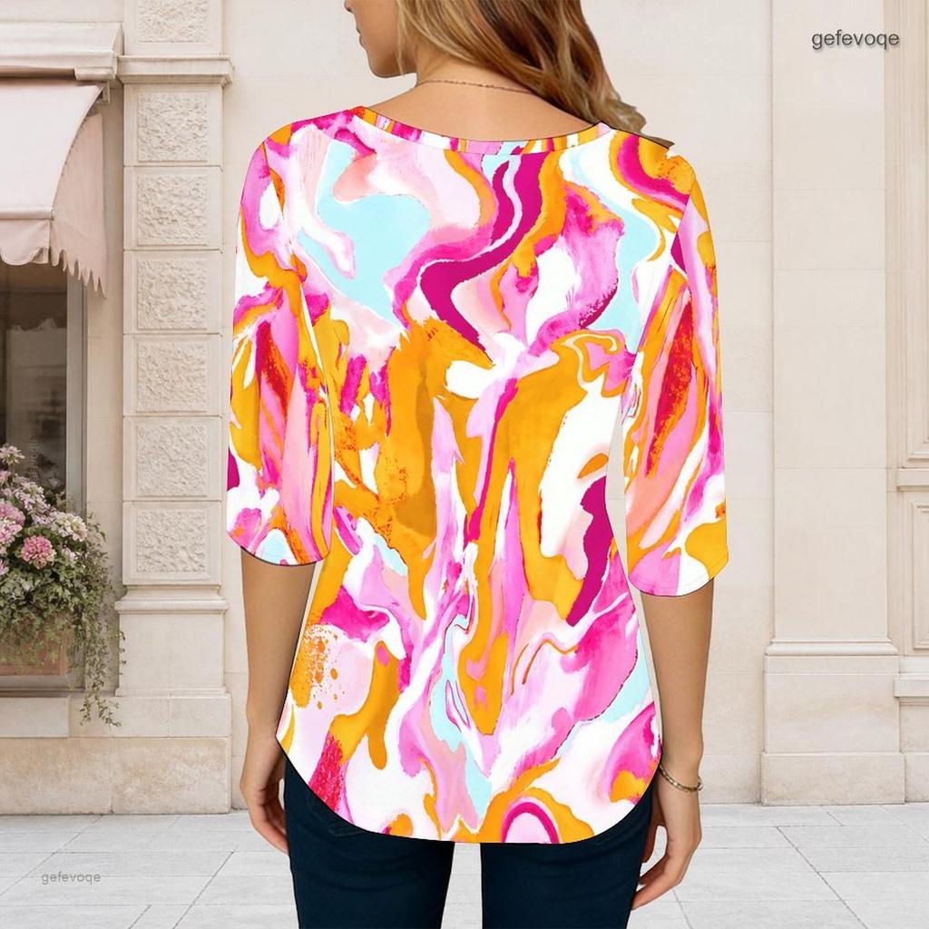 Women Plus Size Round Neck Three Quarter Sleeve Tie Dye Printed Curved Hem T Shirt