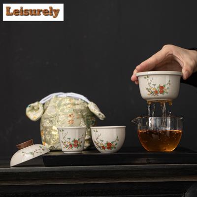 Serie Fiori Cinesi Set da Tè da Viaggio Kit Cenere d'Erba Antico 1 Teiera 2 Tazze Ciotola per Preparare il Tè Picnic Campeggio Borsa a Mano Portatile in Tessuto