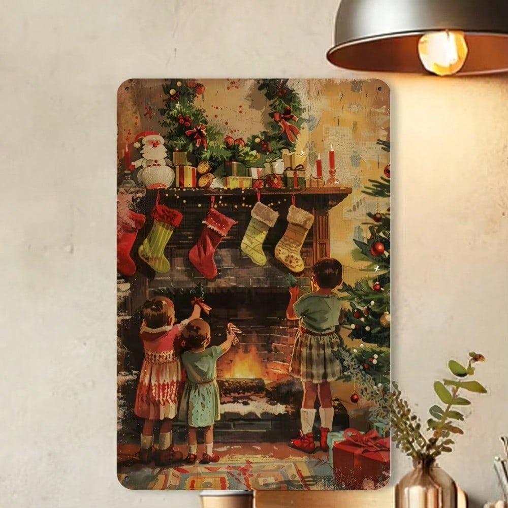 Vintage Christmas Metal Tin Sign Retro Holiday Wall Art Decor