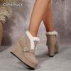 Fashion Metal Buckle Suede Wedge Heel Snow Boots Women Winter Round Toe Super High Heel Ankle Boots Warm Faux Fur Thick Bottom Shoes