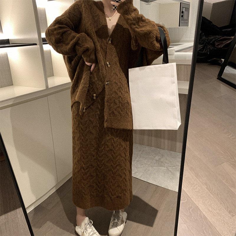 Frauen Pullover Winter Zwei Stück Sets Elegnat Gestrickte Pullover Vintage Frauen Rock Hohe Taille Herbst Vintage Vestidos