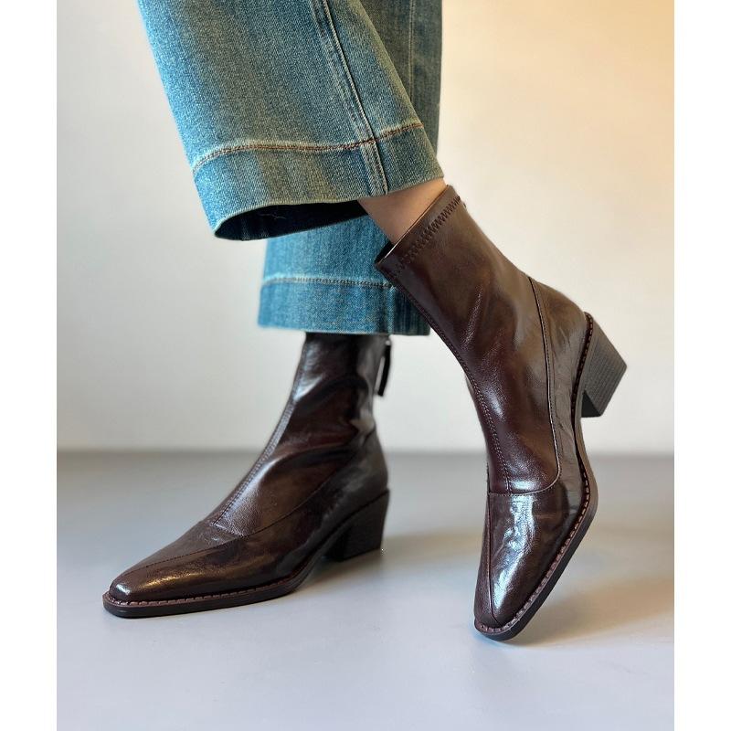 The first layer of cowhide! Square head thick heel short boots soft leather splicing Chelsea boots women's black boots thin boots