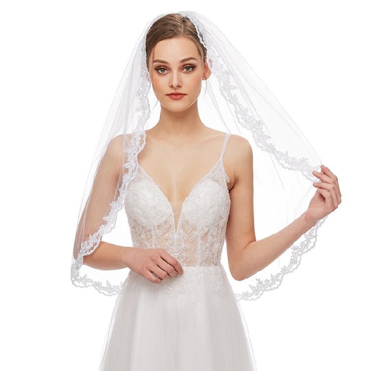 Wedding Veil Single Layer Lace Appliques Fingertip Length Short Tulle for Brides