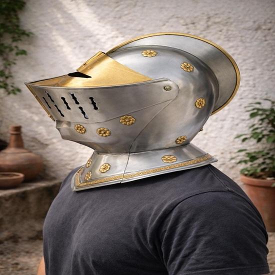Medieval Bucket Helmet Steel Knight Armor Golden Brass Great Helm Wearable Cosplay Helmet Gift for Him