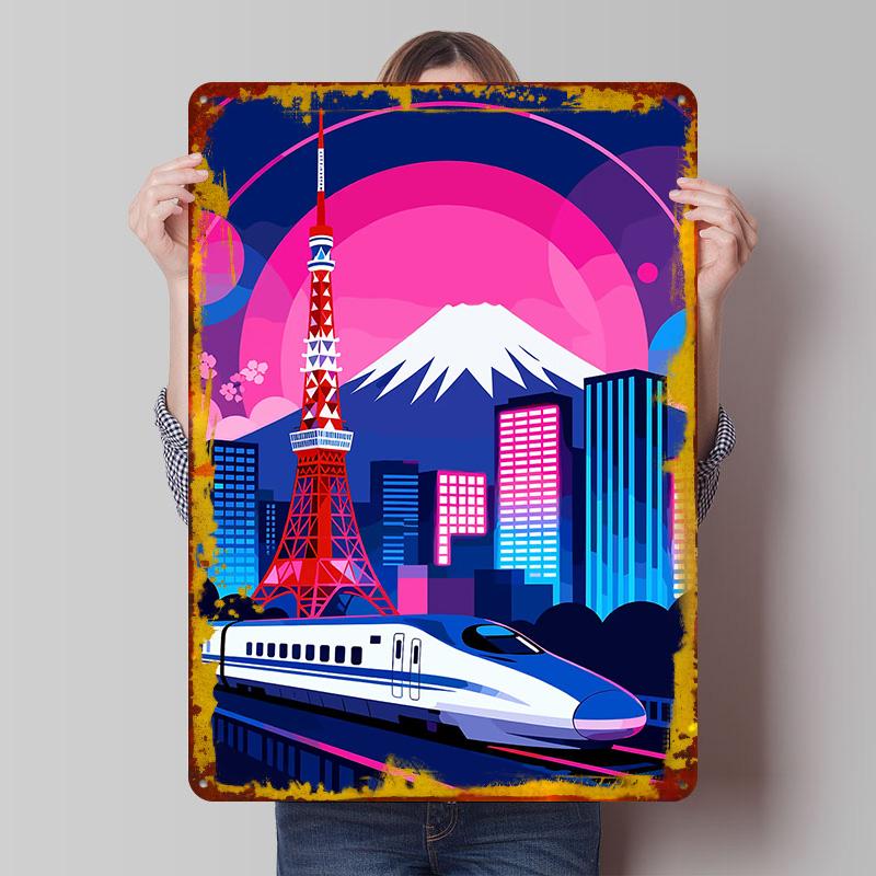 Tokyo Cityscape S Vlakem Bullet Plakát Vlastní Nástěnné Umění Vintage Kovové Značky Retro Plechová Cedule pro Man Cave Dekorace Herní