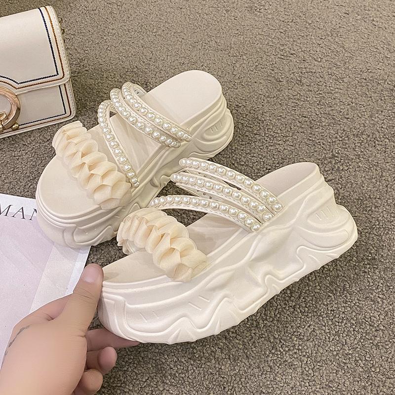 Fashion Summer 2025 Chunky Sandals Women's Thick Bottom Wedge Heels Slides 8CM High Heels Platform Leather Casual Beach Flip Flops Woman
