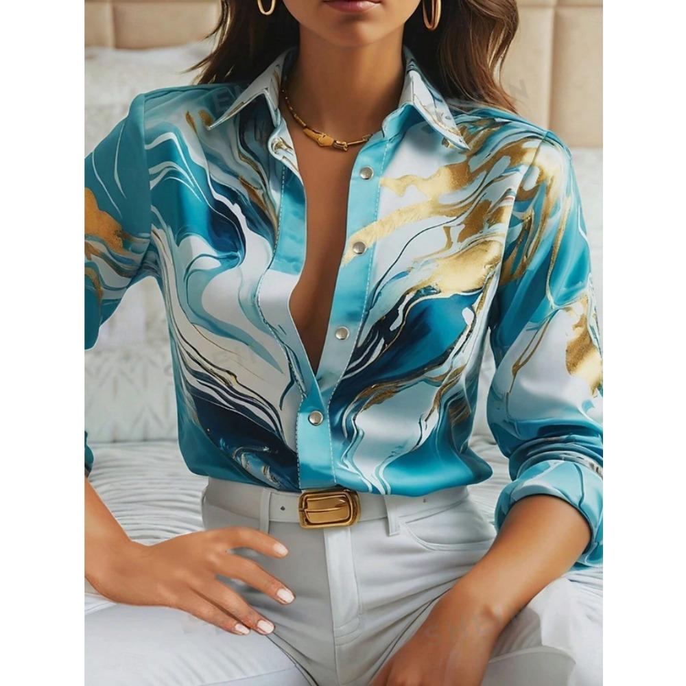 Marble Print Women Blouse Spring Autumn Femme Office Lady Button Up Turn Down Collar Shirts