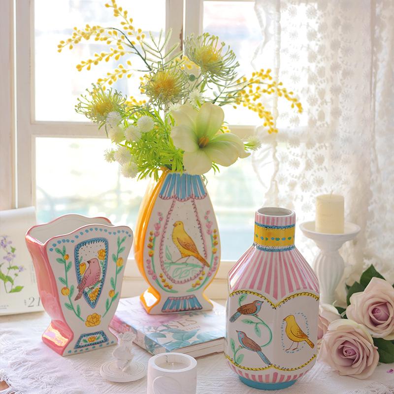 Nightingale and Rose Ceramic Vase: High-End Pastoral Flowers & Birds Ornament for Living Room