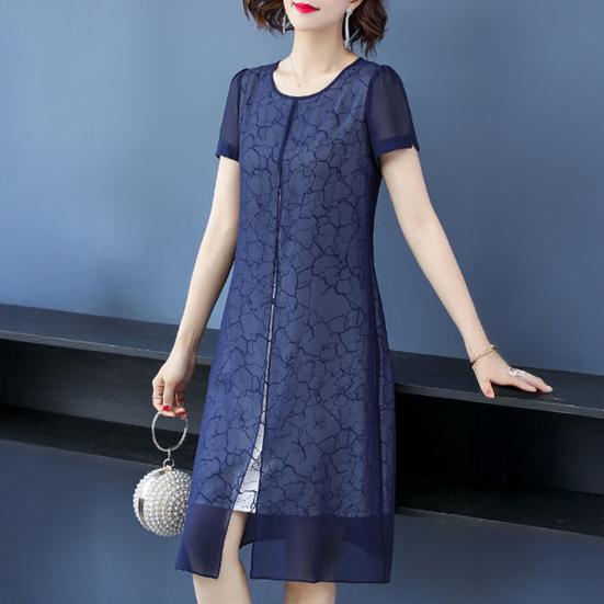 Women Mesh Fake Two Piece Dress Casual Short Sleeve Crewneck Midi Dress Formal Mother of The Bride Dress