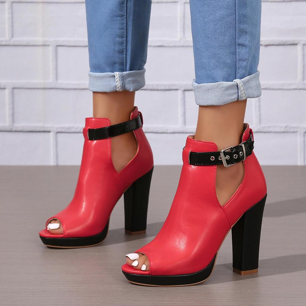 Women's Open Peep Toe Booties Cutout Side Strap Buckle Chunky Block Heel Fashion Short Boots Dressy Sandals
