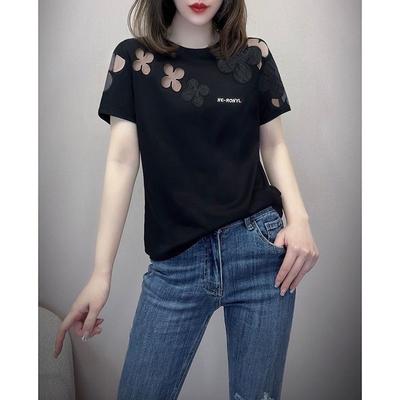 Women's Summer Round Neck Short Sleeve Clover Pattern Breathable Office Large Size Short Sleeve