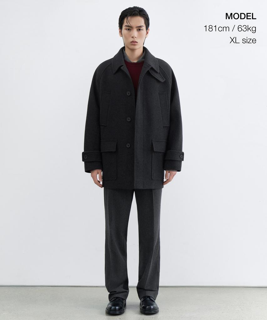 Musinsa Standard Wool Blend Oversized Muff Pocket Half Balmacaan Coat [Charcoal Grey]