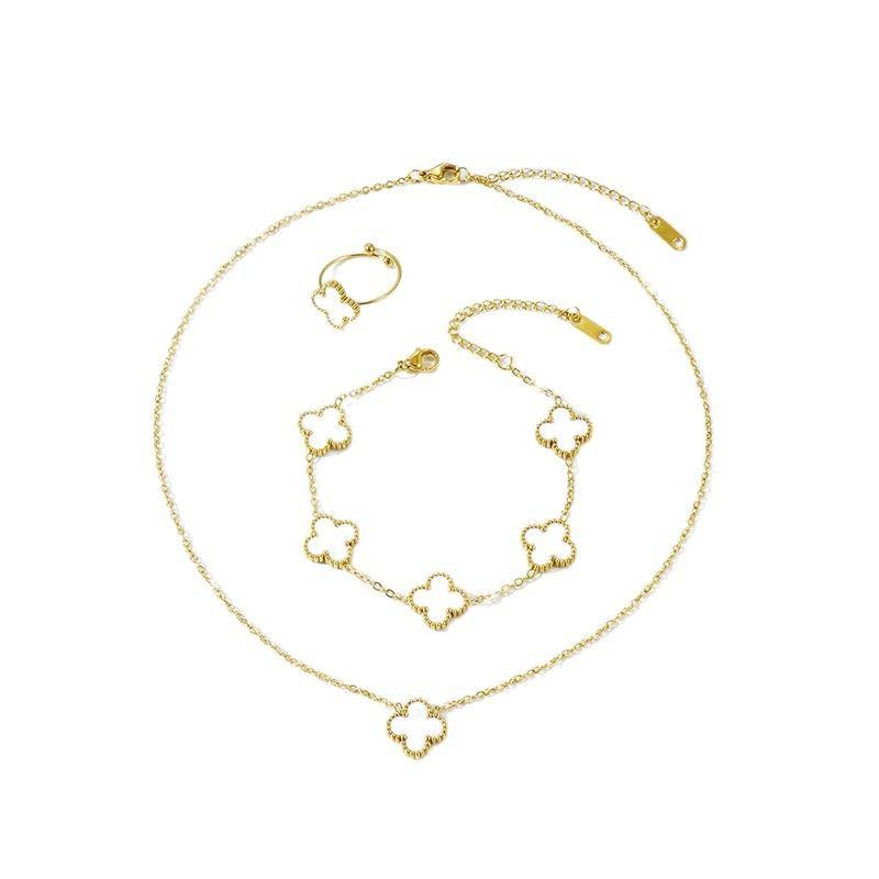 4-Piece Clover Flower Shell Jewelry Set Women - Necklace Bracelet Earrings In Titanium Steel With O-Link Chain
