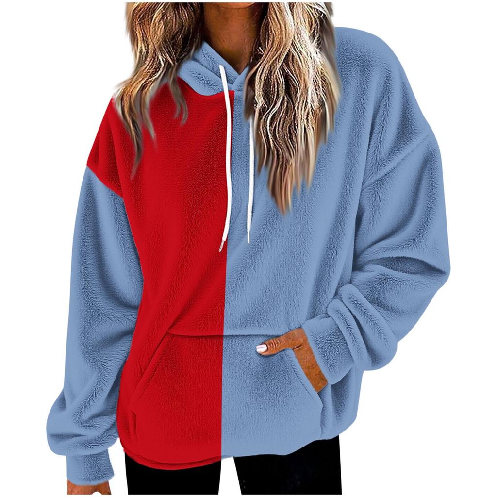Unisex Color Block Hoodie with Pockets - Long Sleeve Flannel Pullover