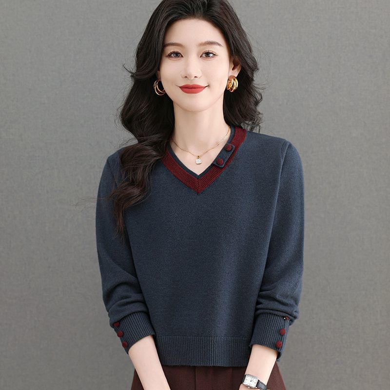 Sweater Women's Color-blocking Short Fashionable V-neck Base Shirt Top
