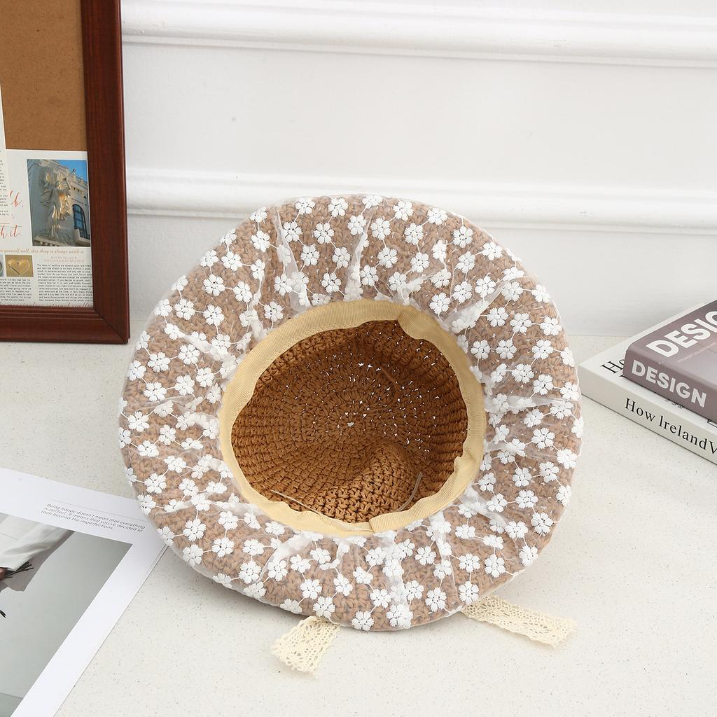 Fashion Straw Hat Mesh Bow Ribbon Sun Hat Outdoor Vacation Sun Hat Women