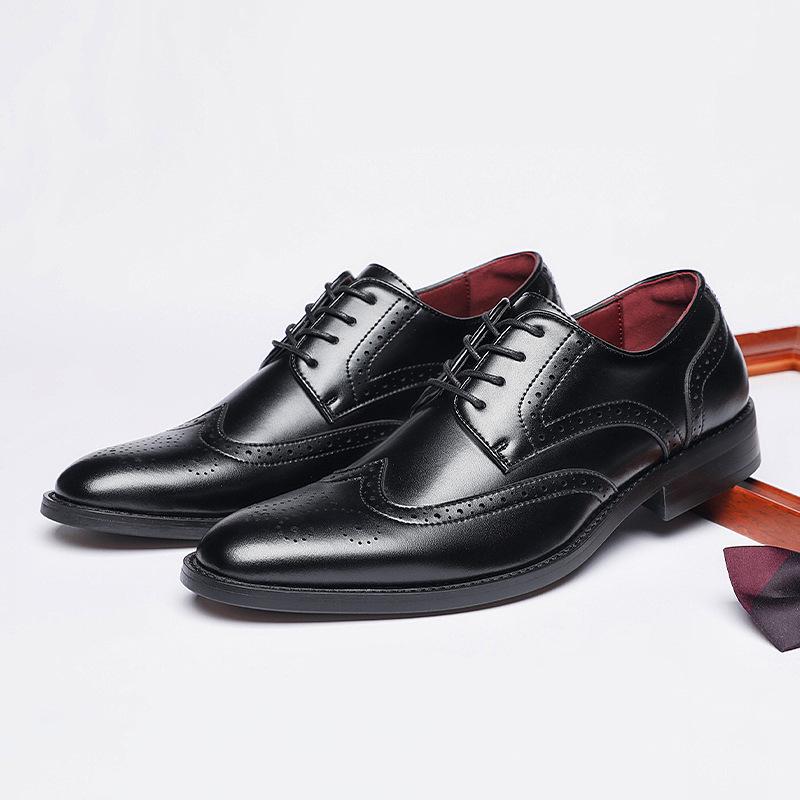 New Men's English Style Hidden Heel Derby Brogue Leather Shoes - Pointed Toe Lace-Up Design for Formal and Casual Wear