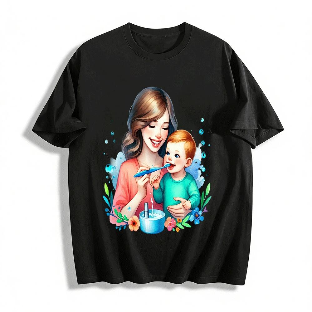 Warm Parent-child Tooth-brushing Print Casual T-shirt For All Ages Pure cotton T-shirt XXS