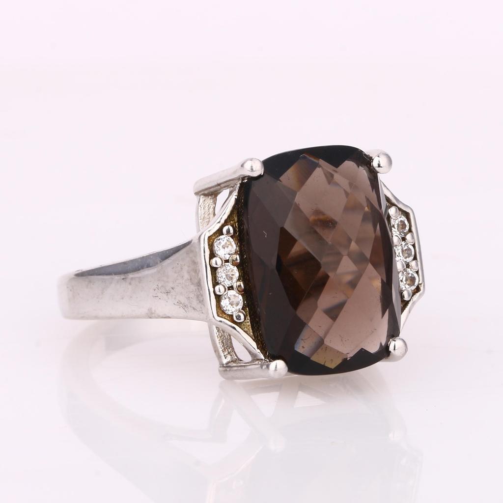 Smoky Quartz & White Topaz Ring 925 Sterling Silver Rhodium Plated Cushion Gemstone Ring for Women